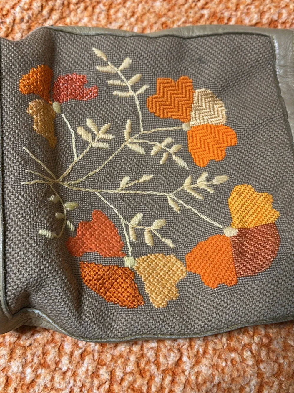 Floral Needlepoint Leather Bucket Bag / Crossbody Purse